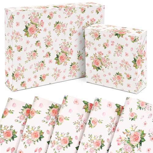 Pink Flower Wrapping Paper 5 Sheets, 50 * 70cm Birthday Gift Wrap,100% Recyclable ECO Floral Paper for Her Girls,Women,Birthday,Party,Valentine's Day