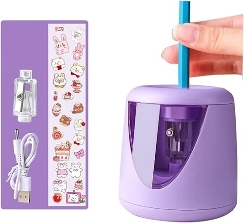 Sacapuntas eléctrico automático silencioso, afilado rápido para lápices estándar y de colores (6-8.5 mm), seguro para la escuela, el hogar y la oficina, color morado