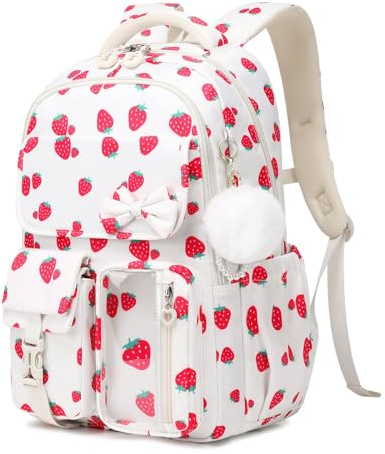QIXIHU Girls School Backpack, Cute Kids Rucksack for Primary Secondary School, School Bag for Teenagers with Bow & Pom Pom Charm, Multi-Pocket