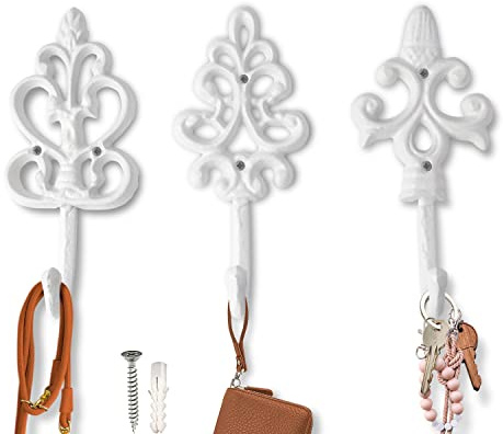 Comfify Antique Chic Cast Iron Decorative Wall Hooks - Rustic - Shabby French Country Charm - Large Decorative Hanging Hooks - Set of 3 - Screws and Anchors for Mounting Included - Powder Coat White