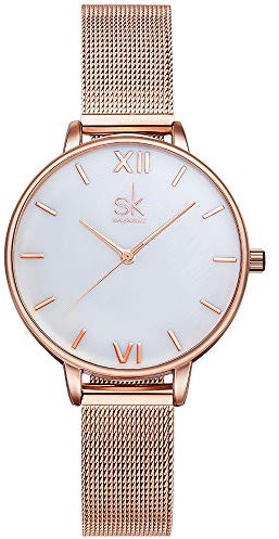 SHENGKE Creative Simplicity Women Watch Mesh Band Elegant Women Watches Ladies Business Wristwatch (K0056-natural Shell dial)