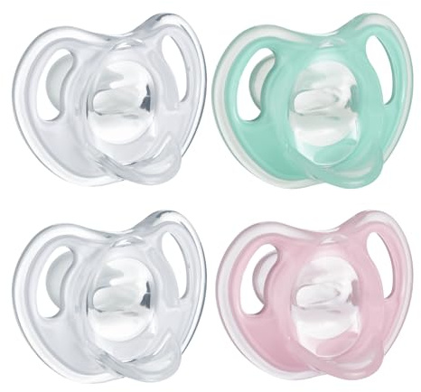 Tommee Tippee Ultra-Light Silicone Pacifier, 0-6 Months, Symmetrical One-Piece Design, BPA-Free Silicone Binkies, Clear/Green/Pink, Pack of 4