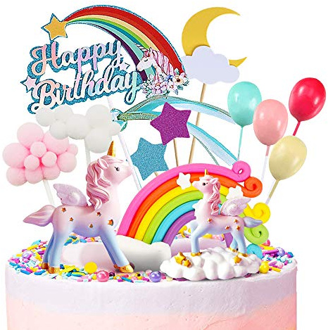MOVINPE Unicorn Cake Topper, 2 Magic Unicorns Sculpture, 1 Rainbow, 1 Happy Birthday Banner, 2 Cloud, 4 Balloon, 12 Stars, 1 Moon, Cake Decoration For Girl Kid Women Birthday Party