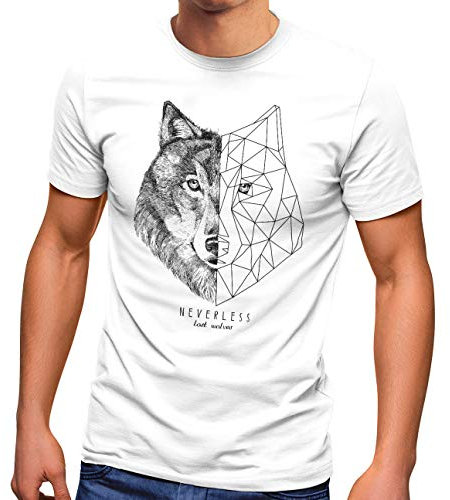 Neverless® Herren T-Shirt Wolf Polygon Kunst Grafik Tiermotiv Printshirt Fashion Streetstyle weiß XL