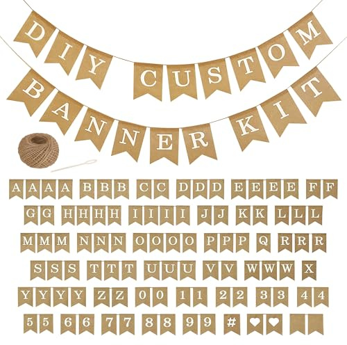 Pre-Printed Banner Kit – 97 BURLAP Flags with WHITE Letters, Numbers & Symbols, Reusable DIY Custom Banner, Make Your Own Personalized Party Banner, Faux Burlap, Includes Twine & 2 Needles