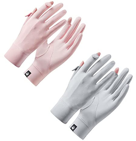 Andiker 2 Paar Sunblock-Handschuhe für Damen, rutschfest, UV-Schutz, Fahrhandschuhe, voller Finger, Touchscreen, Handgelenklänge, Handschuhe für Sommer, Reiten, Outdoor-Aktivitäten (rosa, grau)
