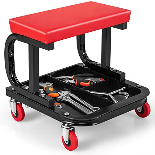COSTWAY Asiento Rodante, Taburete para Garaje y Taller, Asiento para Mecánicos Acolchado con Bandeja para Herramientas, Asiento Rodante con 4 Ruedas Universales, Capacidad de Carga de 150 kg