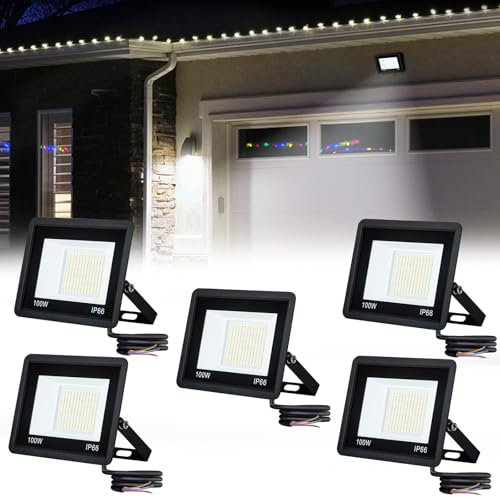 UISEBRT LED Strahler Außen 5x100W Superhell LED Fluter Flutlicht 7000LM - Kaltweiß LED Scheinwerfer Wasserdicht IP66 Baustrahler für Garten Garage Sportplatz Hotel - 120° Abstrahlwinkel