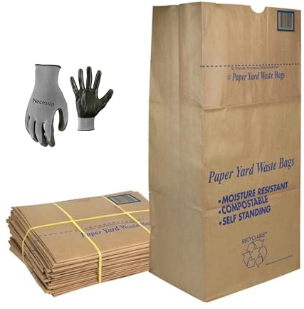 30 Gallon Lawn & Leaf 2-Ply Heavy-Duty Yard Waste Compost Refuse Paper Bags with Necessia Gardening Gloves, Eco-Friendly, Tear Resistant, Self Standing, Biodegredable, Made in USA, 30 Count