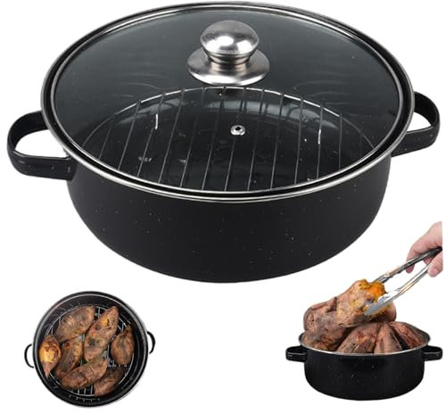 Röstenpfanne mit Rack und Deckel, Rösterpfanne 11-Zoll-emaillierte Bratpfanne mit Deckel Non-Stick Black Röster Pfanne mit Glasdeckel und Doppelgriff