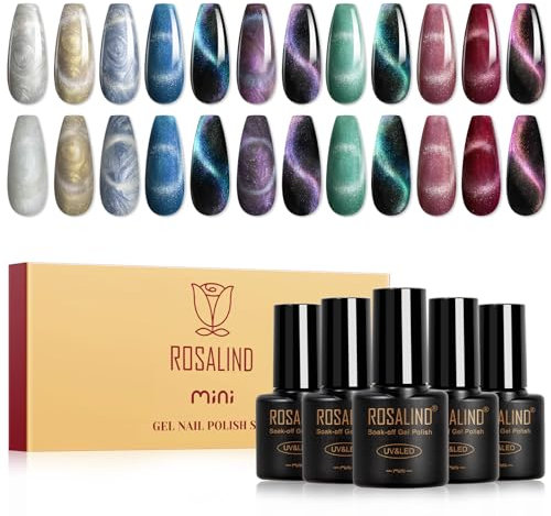 ROSALIND Esmaltes Semipermanentes Ojo Gato, 12 Color Pintauñas Semipermanentes Cat Eye Gel Magnético Kit con Imán, Soak Off UV LED Esmalte Uñas Magnético Nail Art Manicure Regalo
