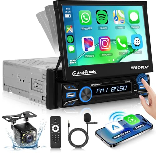Hodozzy Inalámbrico Carplay Android Auto Radio Coche 1 DIN con 7 Pulgada Pantalla Extensible Automática Autorradio Bluetooth, Touchcreen con Mirror Link/FM/USB/AUX/TF+Cámara Trasera
