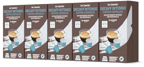 by Amazon Cápsulas de Café Descafeinado Intenso de Plástico Compatibles con Nespresso, 100 Unidades (5 Paquetes de 20), Certificadas por Rainforest Alliance