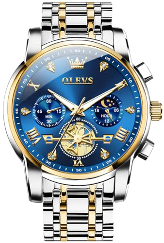 OLEVS Orologio Uomo Multifunzione Cronografo Bicolore in Acciaio Inox Orologi Quarz Uomo Lusso Tourbillon Orologio Blu da Polso da Uomo Impermeabile Luminoso Elegante Rotondo Orologio da Uomo