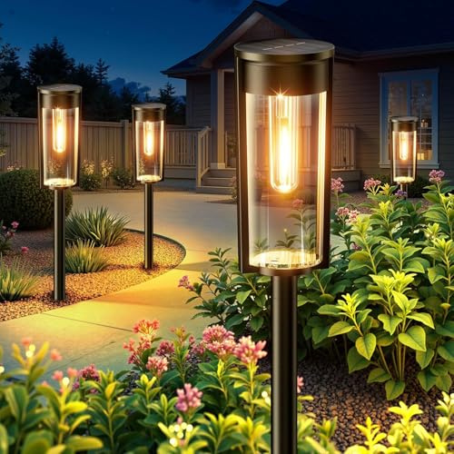 RECHOO Lampade Solari per Esterni da Giardino, 4 Pezzi di Lampade Solari Vintage per Esterni con Luminosa Luce Bianca Calda, Batteria da 1000mAh, IP65 Impermeabile, Lampade Solari per Esterni per