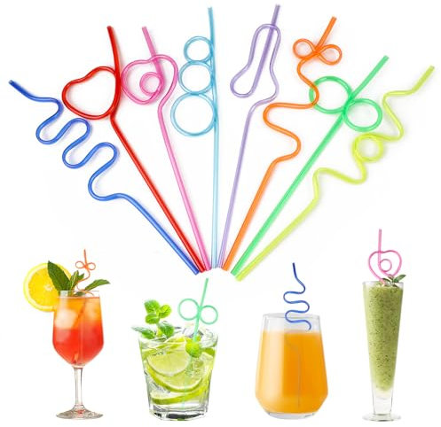YAOSHENGUP Children's Straw, 40 Pieces Plastic Curly Drinking Straws, Reusable, BPA-Free, Multi-Colored, 23-26 cm x 0.5 cm