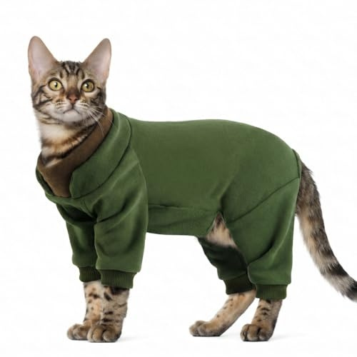 Hjumarayan Kattbody mot hår, skyddsdräkt katt med långa ben, mjuk och ventilerande kattoverall för hudskydd, pälsskydd och lätt skötsel, inomhuskatter, armégrön L