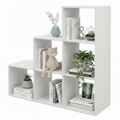 Relaxdays Scaffale a gradini, 6 Scomparti, HxLxP 97,5 x 97,5 x 29 cm, sottotetto, libreria Salotto, divisorio, Bianco