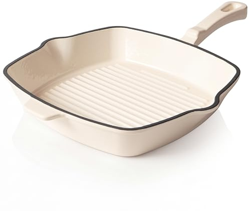 Römerkruka gjutjärn grillpanna fyrkantig 24 cm – stekpanna emaljbeläggning, alla typer av spisar inklusive induktion, ugnssäker 250 °C, grillremsor med låg fetthalt, PFAS-fri, kräm