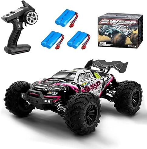 Ledovan 70 km/h borstlös fjärrstyrd bil för vuxna, 1/16 RC lastbil med ljus, 2,4 Ghz hög hastighet, 4WD off-road vattentät lastbil, 3 batterier, röd