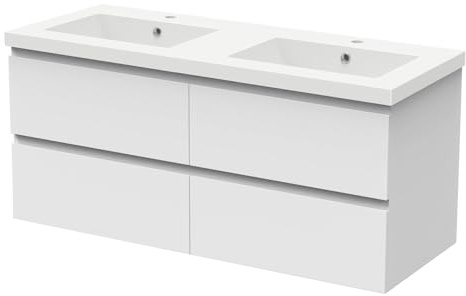 AICA Meuble Salle de Bain Mural avec Double Vasque 120cm | Meuble avec vasque en céramique,4 tiroirs,poignées invisibles,fonction soft-close,ensemble meuble lavabo mural ,Blanc mat