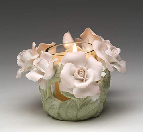 30642 Fine Porcelain Hand Painted Roses with Glass Cup Tealight Votive Candle Holder (Candle NOT Included), 5