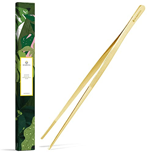 Homestia 12 Kitchen Tweezers Fine Tweezer Tongs, Extra-Long 304 Stainless Steel Cooking Tweezers, Multi-function Metal Tongs with Precision Serrated Tips for Chef, Cocktail, Serving Food, BBQ Gold