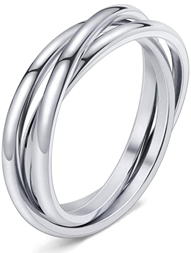 DURSI Trinity Interlocked Rolling Triple Ring for Women Girls Kids, Stainless Steel Cross Stacking Puzzle Ring for Fidget Anxiety, Minimalist Promise Engagement Wedding Ring (Silver, Size 6)