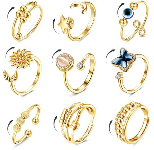 CASSIECA 9 Pcs Angst Spinnerei Ring mit Perlen für Frauen Männer Fidget Ringe für Angst dünne Stapelbar Ringe Stress Entlastungsring Anxiety Zirkonia Blume Offen Spinner Ring Gold