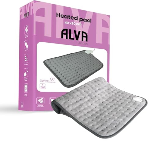 Alva Electric Heating Pad – 4 Heat Levels, Washable Fleece Cushion Pad – Back, Neck, Shoulder, Knee, Period Cramp Pain Relief, Small Heated Pad for Women & Men (Gray, 30x40 cm)