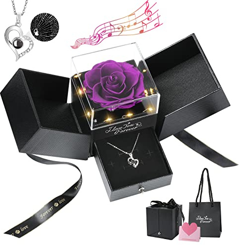Emibele Rose Eterna, Vera Rosa Conservata con Collana in Argento S925, Collana con 100 Lingue Ti Amo, Regalo con LED & Melodia per Donne, Moglie, Fidanzata, San Valentino, Anniversario, Natale