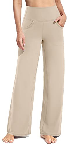Promover vida ben byxor för kvinna yogabyxor med fickor stretch, Ljus khaki, XXL/petite
