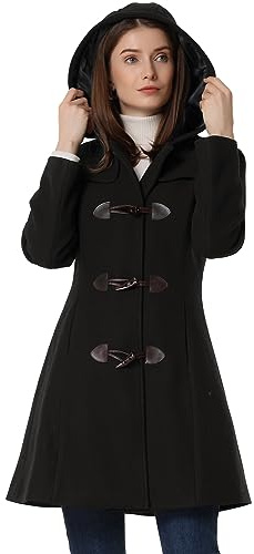 Allegra K Duffle-coat boutonné à capuche pour femme Noir L