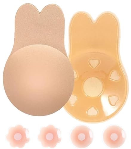 Zueauns Klebe BH Push Up,BH Rückenfrei,Trägerloser BH,Unsichtbarer BH Wiederverwendbare Unsichtbar Silikon Rückenfreier BH Haut Freundlich Selbstklebend BH Lifting Bra mit 2 Paar Nippelpads