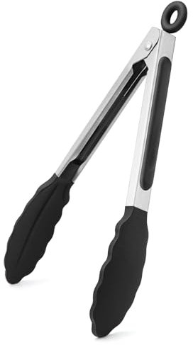 WISYOK Pinze da Cucina 18cm, Pinze de Barbecue in Acciaio Inox con Punte in Silicone, Pinza Spaghetti Resistenti al Calore, Pinze da Chef per Insalata, Spaghetti, Cibo - Nero