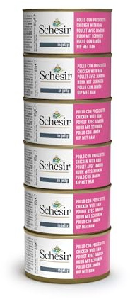 Schesir, Fuktig kattmat, kyckling och skinka, 100% naturlig filéer och gelé 6-pack x 85 g