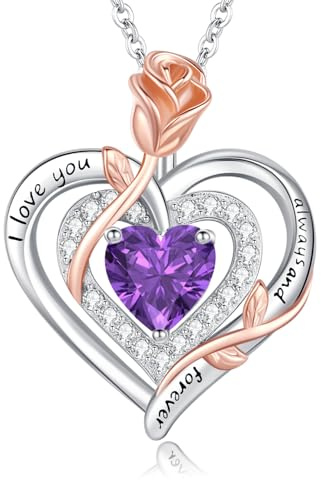 LAVUMO Collar Mujer Auténtica Plata 925/Latón Doble Corazón Rosa Flor Mujer Collares Piedra Natal Día de la Madre Cumpleaños San Valentín Navidad Joyas Regalos para Mujer Mamá Novia