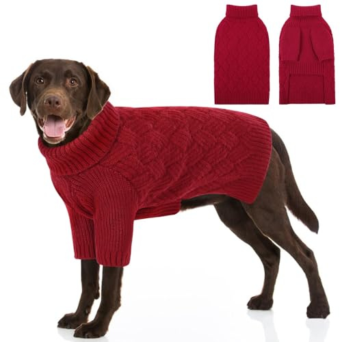 AOFITEE XL Dog Jumper, Large Dog Jumpers with Sleeves & Harness Hole, Red | Turtleneck Dog Jumpers Large Size Female Male Dogs, Thick Warm Pet Christmas Jumpers Knitted Sweater for Labrador, Pitbull