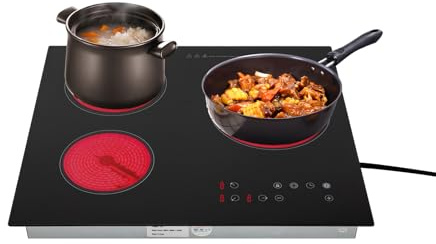 Electric Ceramic Cooktop Ceramic Hob Desktop/Built-In Electric Stove Top 3Burners Touch-Adjustable Control 9Heating Levels Led Display Screen No Plug For Kitchen Dining Room (2600W Black)