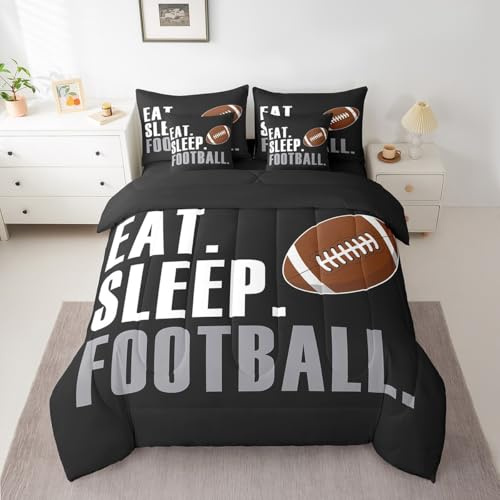 Feelyou Football Comforter Set with Sheets Full Size Rugby Sports 7 Pieces Bedding Set for Kids Boys Girls Teens Black Sports Ball Game Bed in a Bag Gift for Football Lover Bed Set