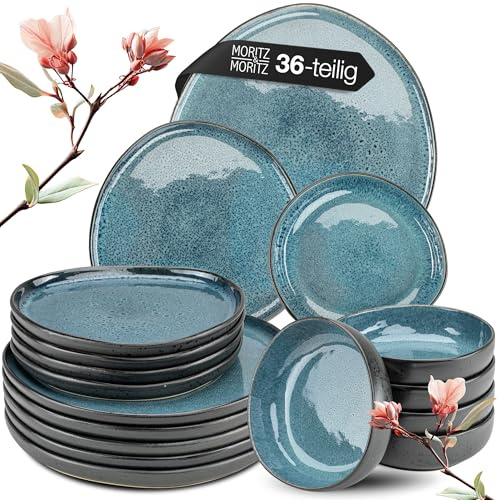 Moritz & Moritz ORGANIC 36-teiliges Geschirrset 12 Personen Blau - Elegantes Teller Set aus hochwertigem Steinzeug - Geschirr Set 12 Personen aus je 12x Dinnerteller, Dessertteller, Suppenteller