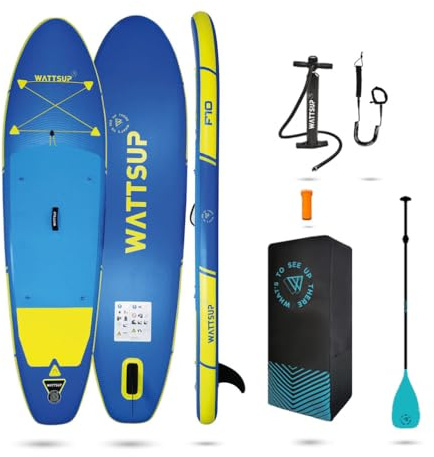 Wattsup - SUP Stand Up Paddle aufblasbar F10 10' - 305x81x15 cm Dropstitch - Komplettset: Paddel, Leash, Pumpe, Transporttasche - Bis zu 125 kg - Blau