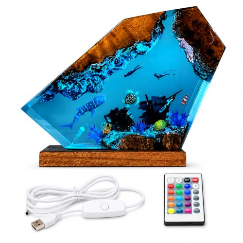 Drawelry Ocean Epoxy Resin Wood Lamp, Deep Sea Shark & Diver LED Night Light, Handmade Aquatic Desk Decor Mothers Birthday Gift for Mum Men Diving Enthusiasts (Ocean World)