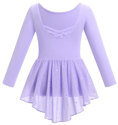 Ropa de Ballet para Niños Vestido Leotard Danza Leotardo Falda de Lentejuelas Dos Piezas Manga Larga Bailarinas Chica, morado, 9-10 Años