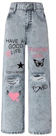 Generisch Pantalon en jean pour filles Coupe bootcut Taille élastique en denim Pantalon pour enfants avec jambes larges Style Y2K rétro Denim décontracté Pantalon droit ample 120-170