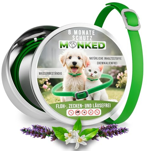 Monked | Natürliches Halsband für Hunde ohne Chemie | Bis zu 8 Monate Schutz | Anti-Zecken & Flohschutz | Verstellbar für alle Größen | Langzeit Zeckenschutz (Grün, Universal)