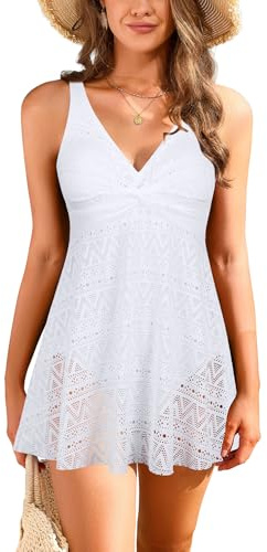 SHEKINI Maillot de Bain Une pièce pour Femme avec Jupe Robe de Bain en Dentelle col en V élégante Bikini Robe de Plage Amincissante