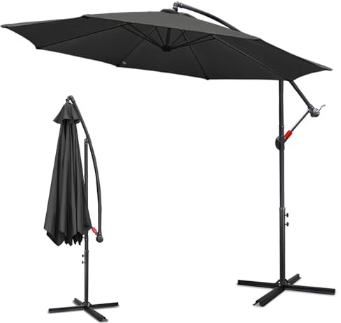 Ansobea Parasoll 300 cm/350 cm trafikljus LED solar med vev, marknadsparaply i aluminium med på/av-knapp, trädgårdsparaply UV-skydd och vattentätt, vevparaply med stativ, Utan LED-grå, 300CM