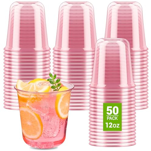 Soelomu 12 oz Pink Plastic Cups, 50 Pcs Disposable Stemless Wine Glasses Cocktail Party Cups for Mother's Day Wedding Birthday Meeting Gathering