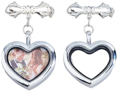 SUPERFINDINGS 2 breloque Photo pour Bouquet de Mariage Médaillon Photo Forme de Cœur Broches de Mariée Nœud Papillon en Argent Broches Commémoratives de Mariage Épingles à Cadre en Laiton
